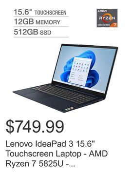 Costco Lenovo ideapad 3 15.6 touchscreen laptop - amd ryzen 7 5825u - 1080p - windows 11 - abyss blue offer