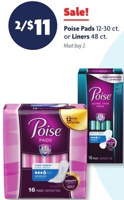 Family Dollar Poise pads 12-30 ct. or liners 48 ct. offer
