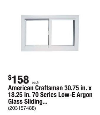 The Home Depot American craftsman 30.75 in. x 18.25 in. 70 series low-e argon glass sliding white vinyl replacement window, screen incl offer