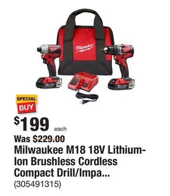 The Home Depot Milwaukee m18 18v lithium-ion brushless cordless compact drill/impact combo kit (2-tool) w/ (2) 2.0ah batteries, charger & ba offer