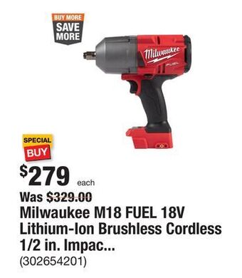 The Home Depot Milwaukee m18 fuel 18v lithium-ion brushless cordless 1/2 in. impact wrench with friction ring (tool-only) offer
