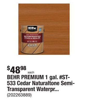 The Home Depot Behr premium 1 gal. #st-533 cedar naturaltone semi-transparent waterproofing exterior wood stain and sealer offer