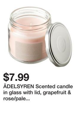 Ikea Ädelsyren scented candle in glass with lid, grapefruit & rose/pale pink, 40 hr offer
