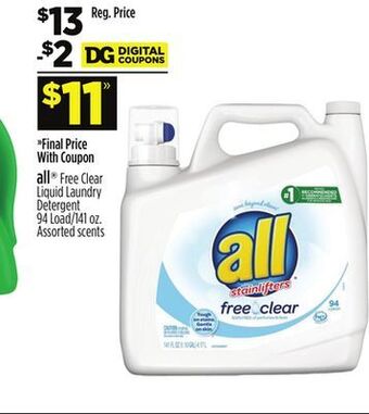 Dollar General All® free clear liquid laundry detergent offer