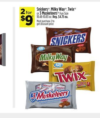 Dollar General Snickers®, milky way®, twix® or 3 musketeers® fun size offer
