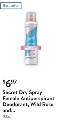 Walmart Secret dry spray female antiperspirant deodorant, wild rose and argan oil offer