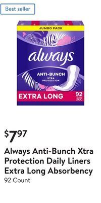 Walmart Always anti-bunch xtra protection daily liners extra long absorbency offer