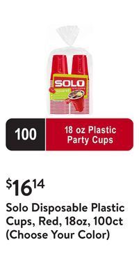 Walmart Solo disposable plastic cups, red, 18oz, 100ct (choose your color) offer
