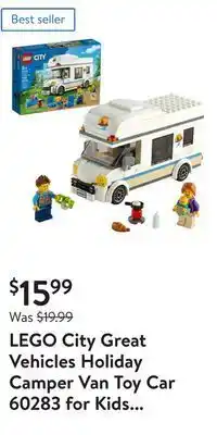 Walmart Lego city great vehicles holiday camper van toy car 60283 for kids aged 5 plus years old, caravan motorhome summer sets, gift offer