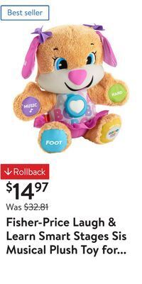 Walmart Fisher-price laugh & learn smart stages sis musical plush toy for infants and toddlers offer
