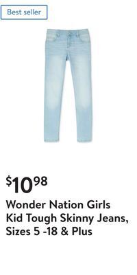 Walmart Wonder nation girls kid tough skinny jeans, sizes 5 -18 & plus offer