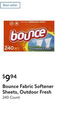 Walmart Bounce fabric softener sheets, outdoor fresh offer