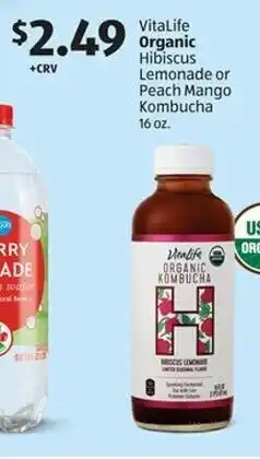 Aldi VitaLife Organic Hibiscus Lemonade or Peach Mango Kombucha 16 oz offer