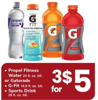 ACME Propel fitness water 24 fl. oz. btl. or gatorade g-fit 16.9 fl. oz. btl. sports drink 28 fl. oz. btl. offer