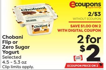 Weis Markets Chobani flip or zero sugar yogurt offer