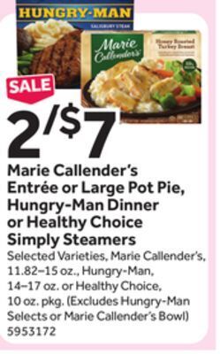 Stop&Shop Marie callender's entrée or large pot pie, hungry-man dinner or healthy choice simply steamers offer