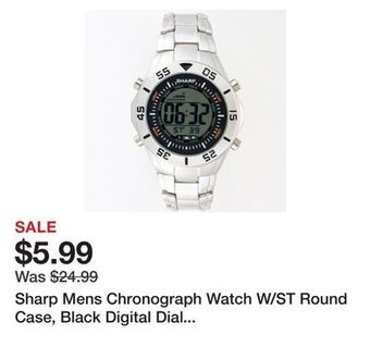 Kmart Sharp mens chronograph watch w/st round case, black digital dial and st band offer