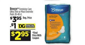 Dollar General Breeze Feminine Care Ultra Thin Or Maxi Overnite Pads offer