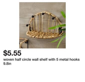 Five Below Woven half circle wall shelf with 5 metal hooks 9.8in offer