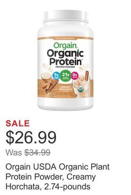Costco Orgain usda organic plant protein powder, creamy horchata, 2.74-pounds offer