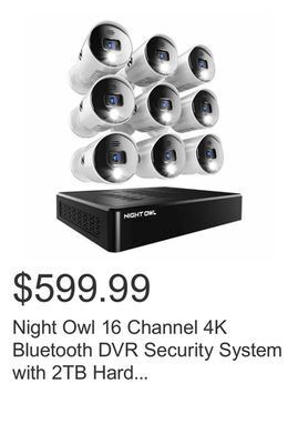 Costco Night owl 16 channel 4k bluetooth dvr security system with 2tb hard drive and 9 wired 4k indoor / outdoor spotlight deterrenc offer