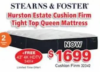 ABC Warehouse Stearns & Foster Hurston Estate Cushion Firm Tight Top Queen Mattress offer
