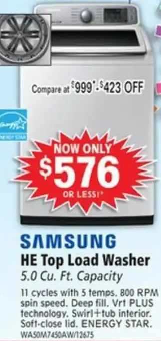 ABC Warehouse Samsung HE Top Load Washer offer