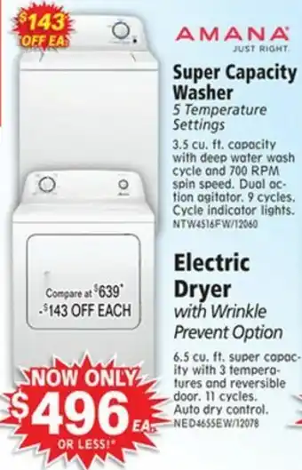 ABC Warehouse Super Capacity Washer, Electric Dryer offer