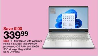 Target Hp 15.6 laptop with windows home in s mode, intel pentium processor, 8gb ram and 256gb ssd storage offer