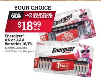 Ace Hardware Energizer® aa or aaa batteries 16/pk offer