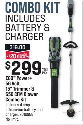 Ace Hardware Ego power + 56 volt 15 trimmer & 650 cfm blower combo kit offer