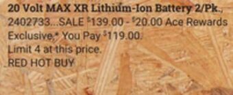 Ace Hardware Dewalt 20 volt max xr lithium-ion battery 2/pk offer