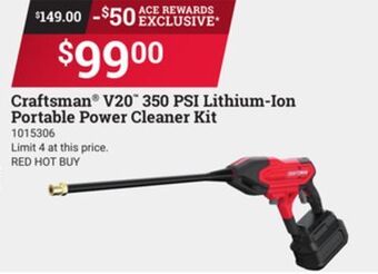 Ace Hardware Craftsman® v20 350 psi lithium-ion portable power cleaner kit offer