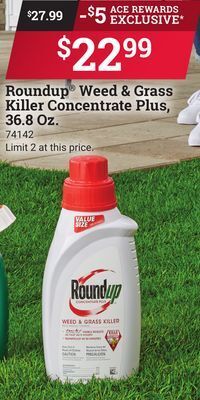 Ace Hardware Roundup weed & grass killer concentrate plus, 36.8 oz. offer