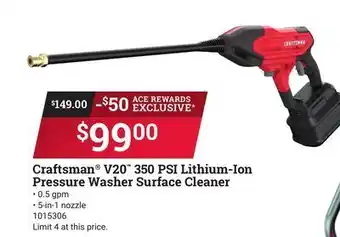 Ace Hardware Craftsman® v20 350 psi lithium-ion pressure washer surface cleaner offer