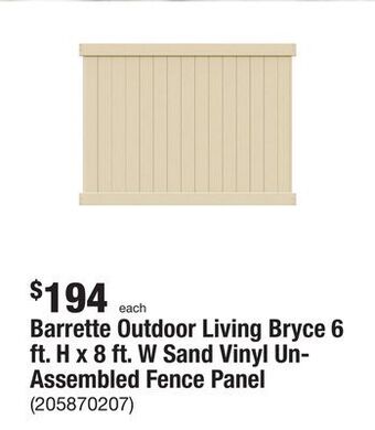 The Home Depot Barrette outdoor living bryce 6 ft. h x 8 ft. w sand vinyl un-assembled fence panel offer