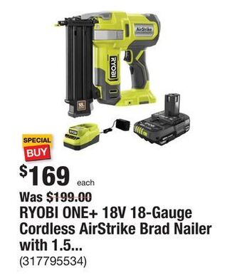 The Home Depot Ryobi one+ 18v 18-gauge cordless airstrike brad nailer with 1.5 ah battery and charger offer