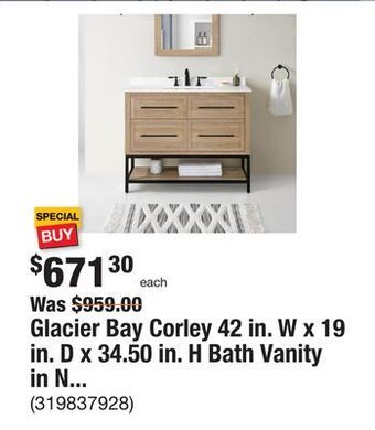 The Home Depot Glacier bay corley 42 in. w x 19 in. d x 34.50 in. h bath vanity in natural oak with white cultured marble top offer