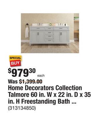 The Home Depot Home decorators collection talmore 60 in. w x 22 in. d x 35 in. h freestanding bath vanity in gray with white cultured marble offer