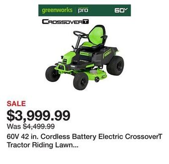 Tractor Supply Company 60v 42 in. cordless battery electric crossovert tractor riding lawn mower, (6) 8 ah battery & chargers, mower crt426 offer