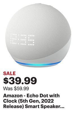 Best Buy Amazon - echo dot with clock (5th gen, 2022 release) smart speaker with alexa - glacier white offer