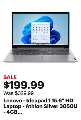 Best Buy Lenovo - ideapad 1 15.6 hd laptop - athlon silver 3050u - 4gb memory - 128gb emmc - cloud grey offer