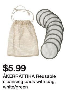 Ikea Åkerrättika reusable cleansing pads with bag, white/green offer