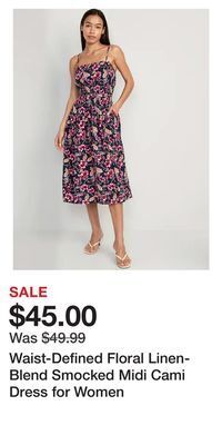 Old Navy Waist-defined floral linen-blend smocked midi cami dress for women offer