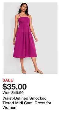 Old Navy Waist-defined smocked tiered midi cami dress for women offer