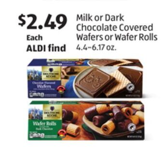 Aldi Milk or dark chocolate covered wafers or wafer rolls offer