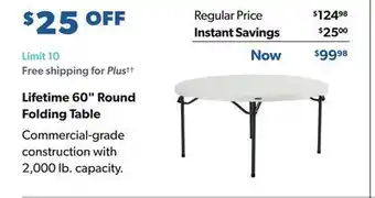 Sam's Club Lifetime 60 round folding table offer