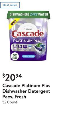 Walmart Cascade platinum plus dishwasher detergent pacs, fresh offer