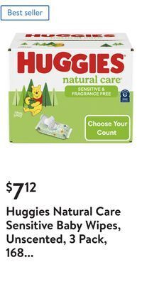 Walmart Huggies natural care sensitive baby wipes, unscented, 3 pack, 168 total ct (select for more options) offer