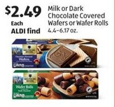 Aldi Milk or Dark Chocolate Covered Wafers or Wafer Rolls offer